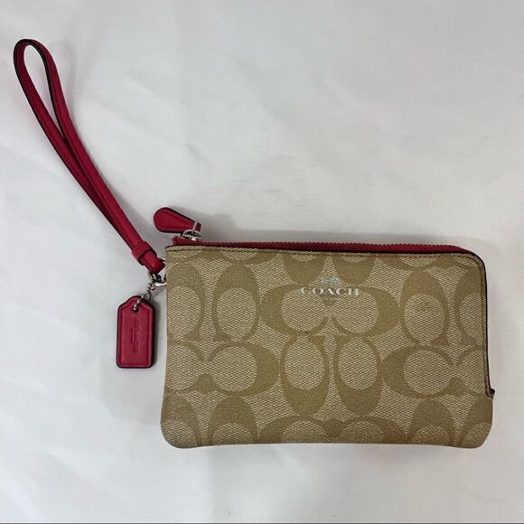 COACH Wristlet 66506 Tan Coral Pink Signature Double Corner Zip Coated Canvas - Picture 1 of 13